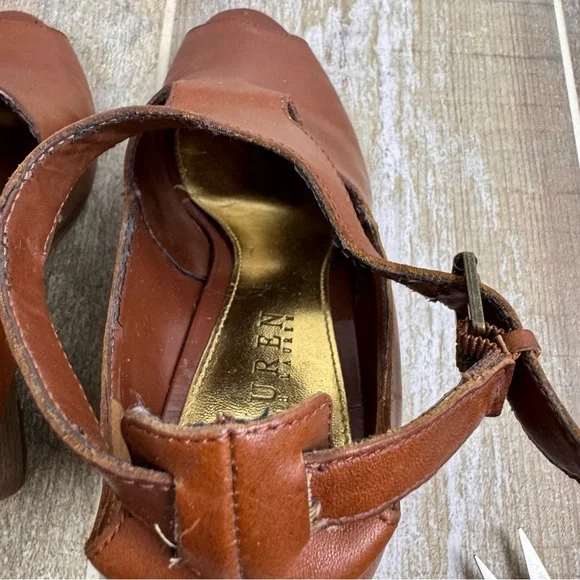 Ralph Lauren Hannie Brown T Strap‎ Peep Toe Wedge Sandals Leather Sz 8.5 - Picture 10 of 16